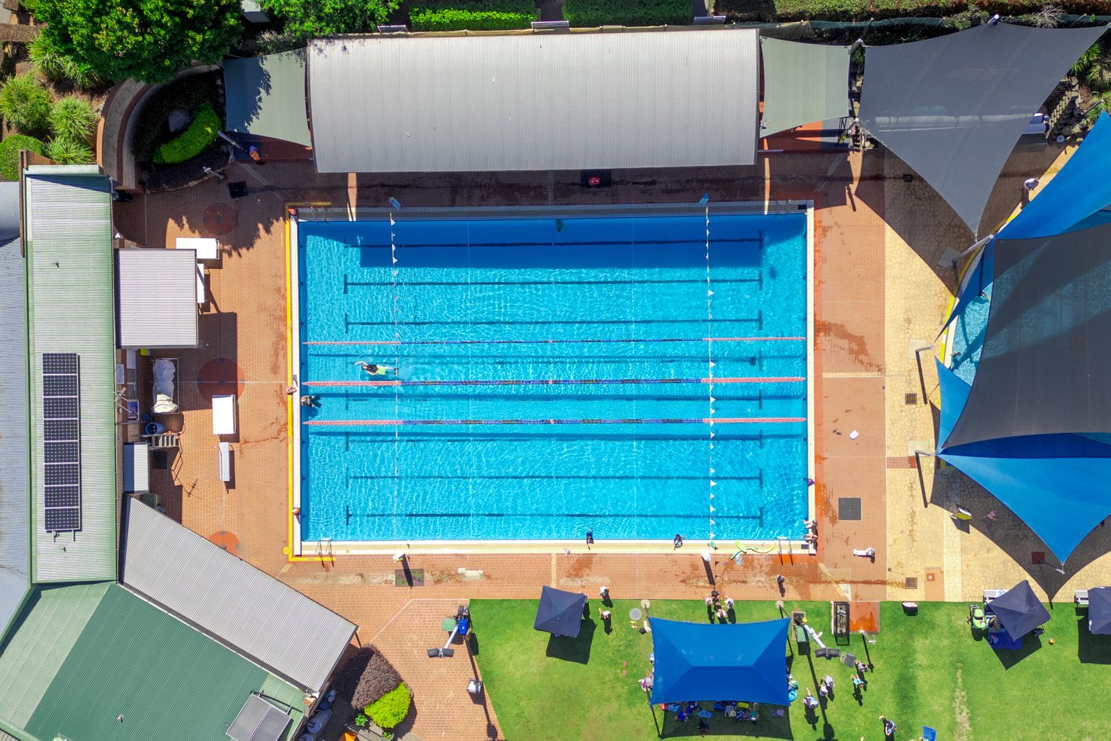 Aerial view of a bright blue outdoor swimming pool surrounded by buildings and green lawn.