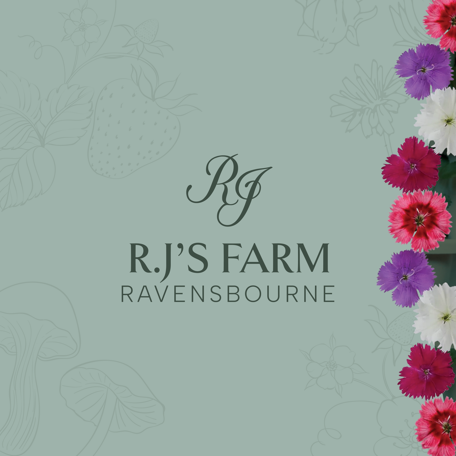 R.J’s Farm Ravensbourne logo on a sage background with floral border and monogram initials