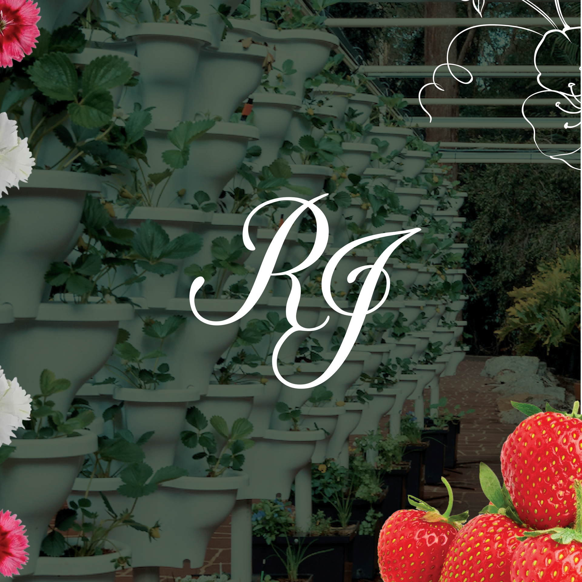White script “RJ” over a leafy green vertical garden with red strawberries in the lower right.