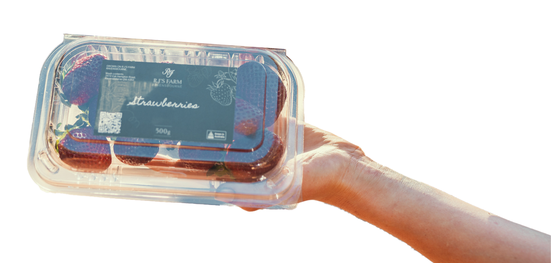 Hand holding a clear plastic tray of assorted fruit with a dark label on top