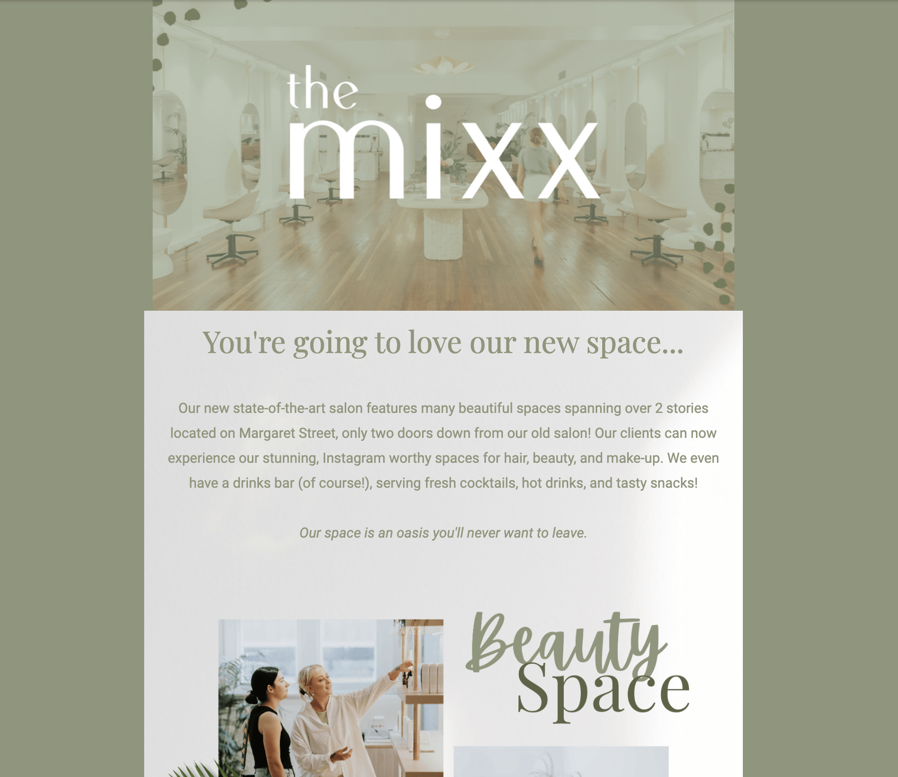 Promotional flyer for “the mixx” beauty space with soft green background and salon interior photos