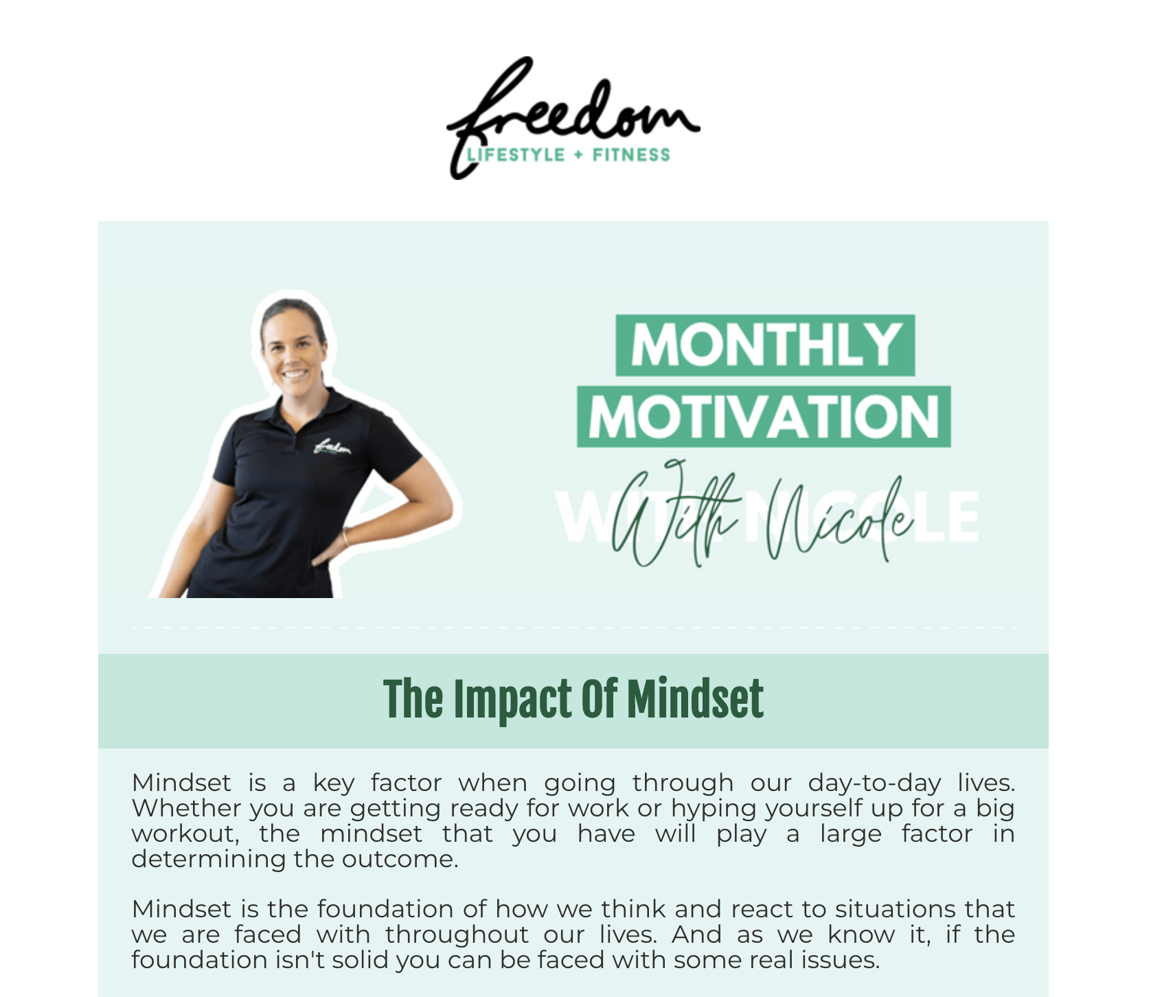 Monthly Motivation quote graphic with a woman in black beside green text and “The Impact of Mindset” heading