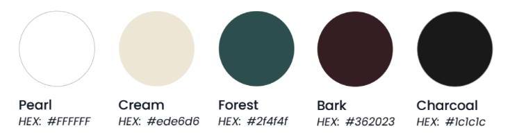 Color palette with five labeled swatches: Pearl, Cream, Forest, Bark, and Charcoal.