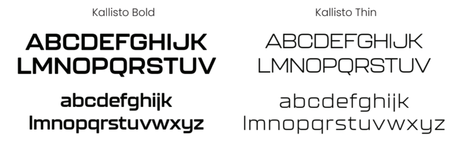 Side-by-side font sample comparing bold and thin uppercase and lowercase letters on a white background