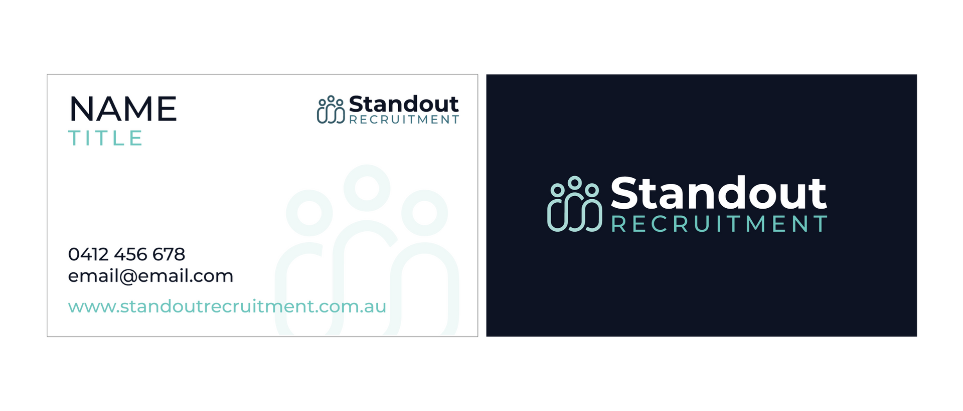 Standout Recruitment business card with white left side and navy logo panel on the right.