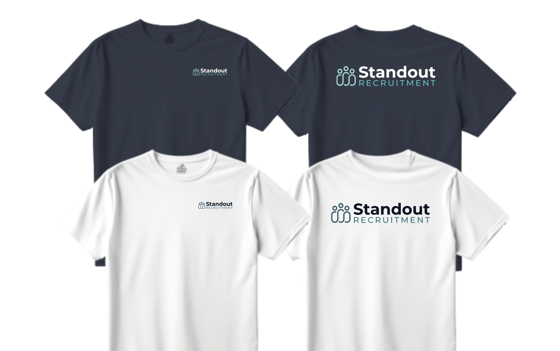 Four T-shirts in navy and white with Standout logo and text on the chest