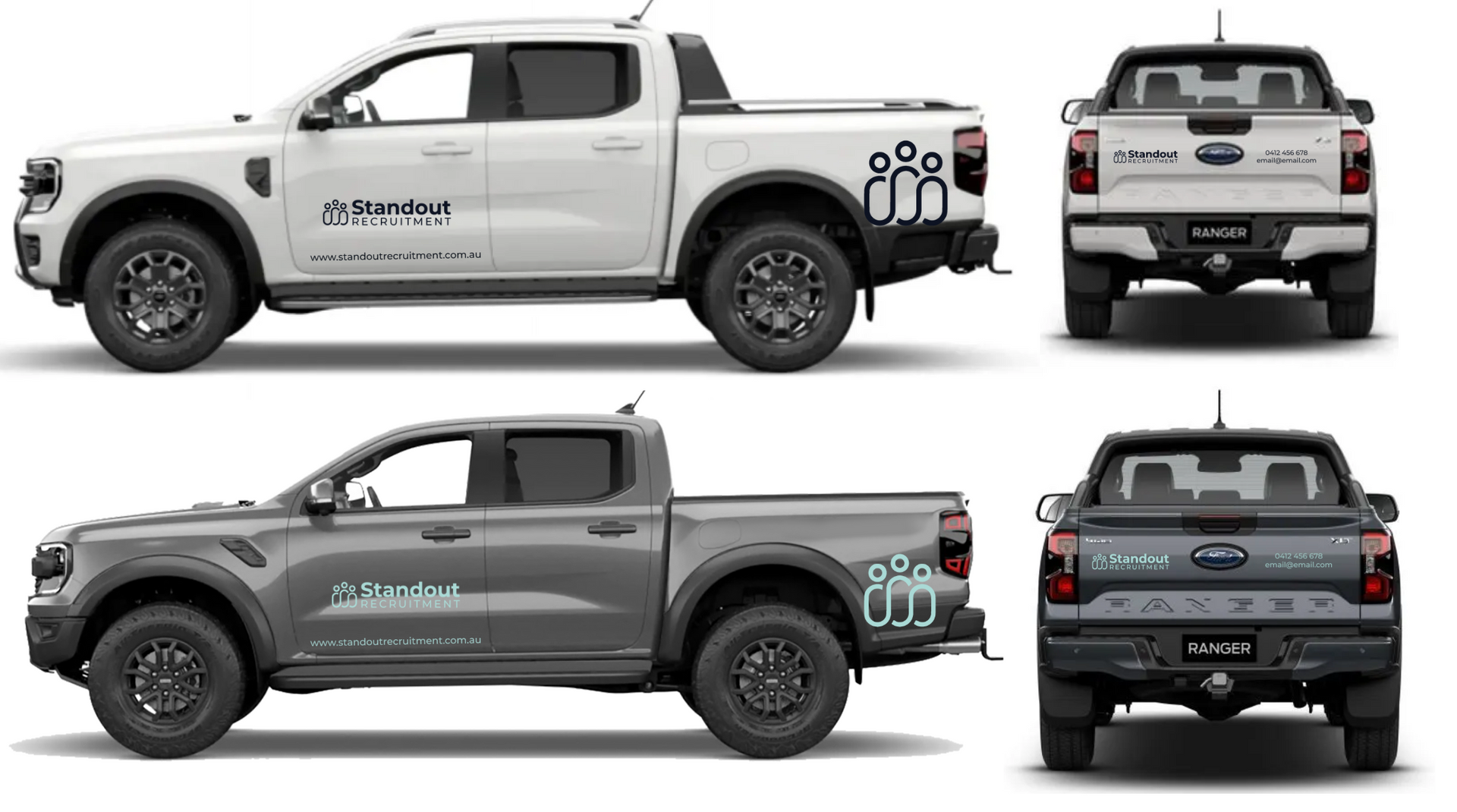 Two pickup truck side and rear views, shown in white and gray on a white background.