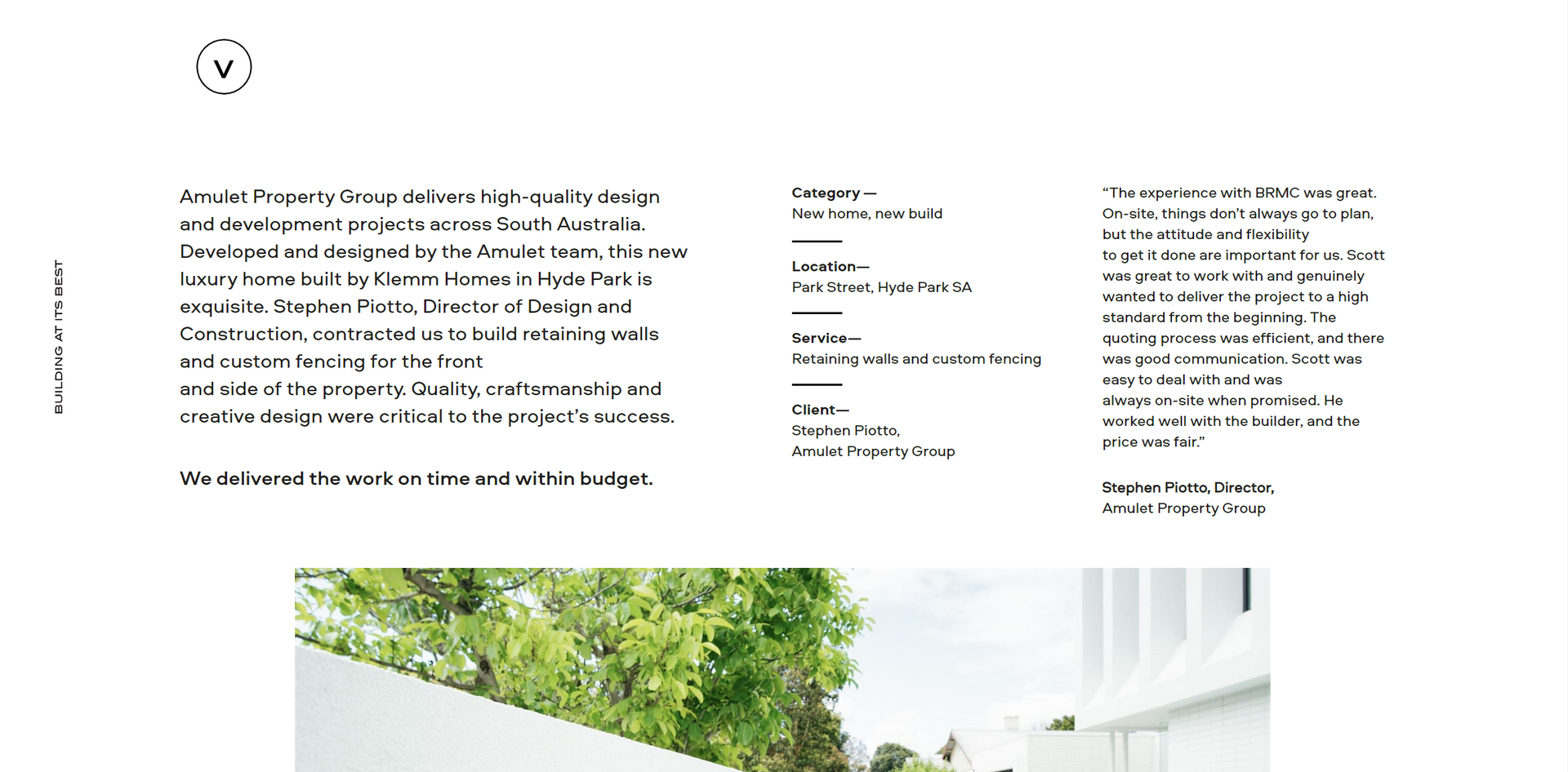 Minimalist brochure page with text columns and a bright interior photo of greenery and white walls