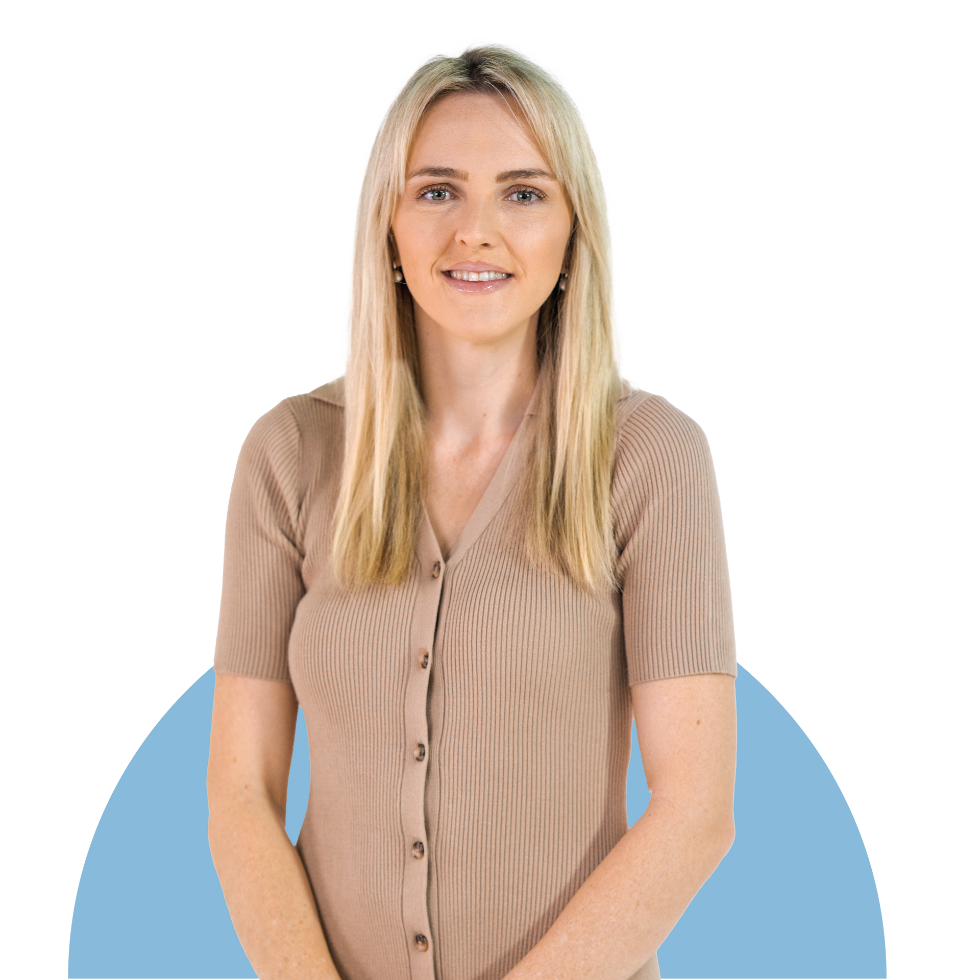 Smiling blonde woman in a beige blouse standing against a white background with a blue semicircle behind her