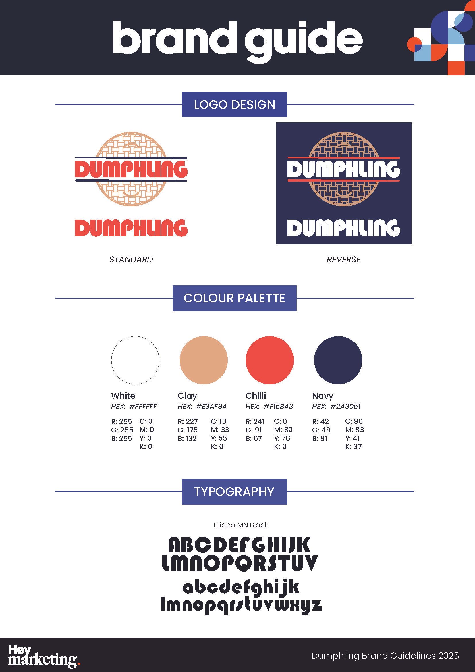 Brand guide showing Dumphling logos, color palette, and typography on a white background