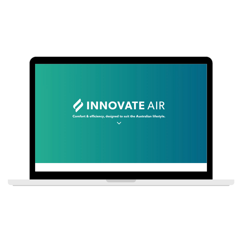 Laptop screen showing the INNOVATE AIR logo on a teal gradient background