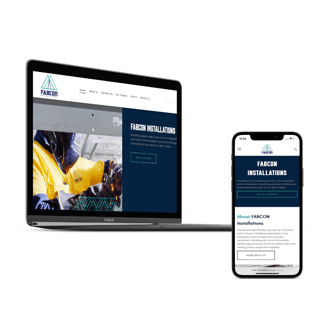 Laptop and smartphone showing a responsive industrial website with dark blue and yellow visuals