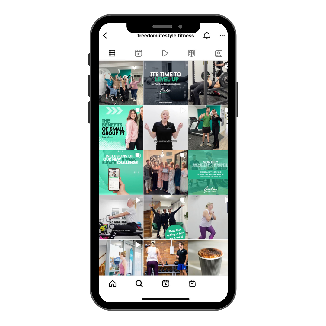 Instagram-style profile grid on a phone screen showing fitness and lifestyle posts in teal and black tones