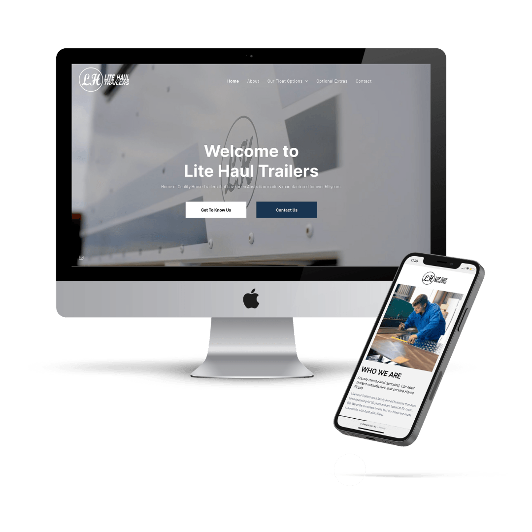 Website mockup on iMac and iPhone for “Lite Haul Trailers,” showing a grey homepage and mobile layout