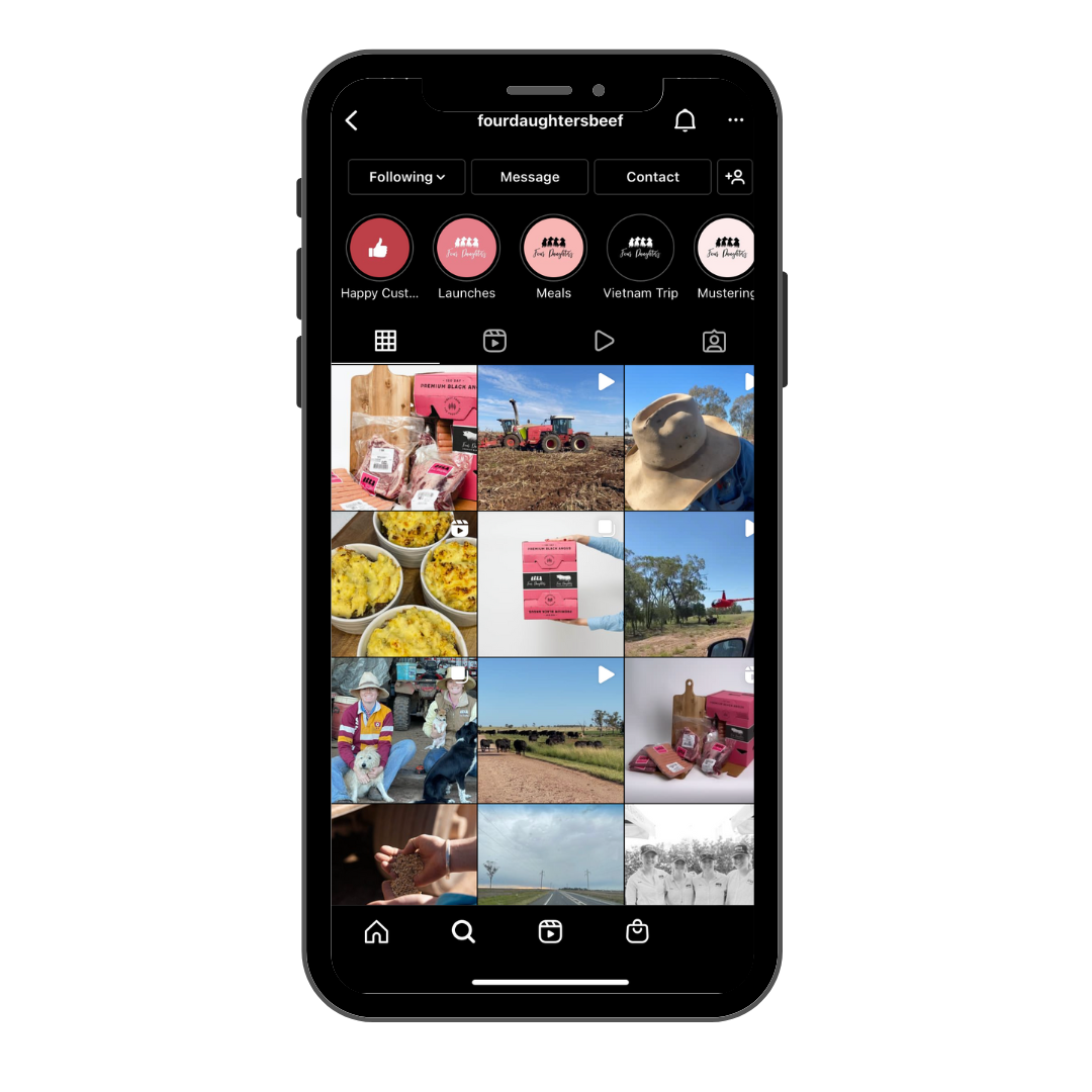 Instagram profile grid on a phone screen with colorful travel and food posts