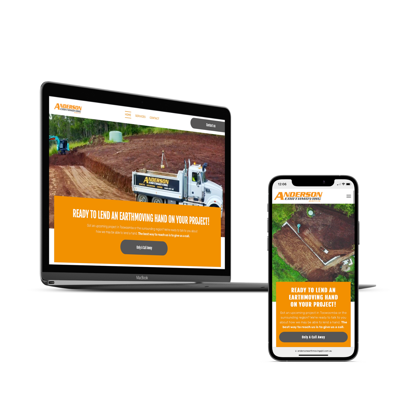 Laptop and smartphone displaying a construction website with orange banner over a dirt worksite scene