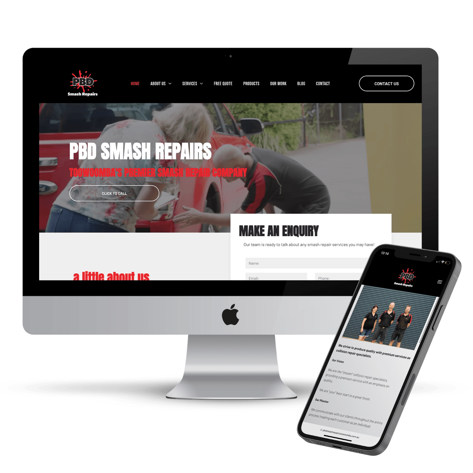 Website mockup displayed on an iMac and smartphone, showing a PDR Smash Repairs homepage