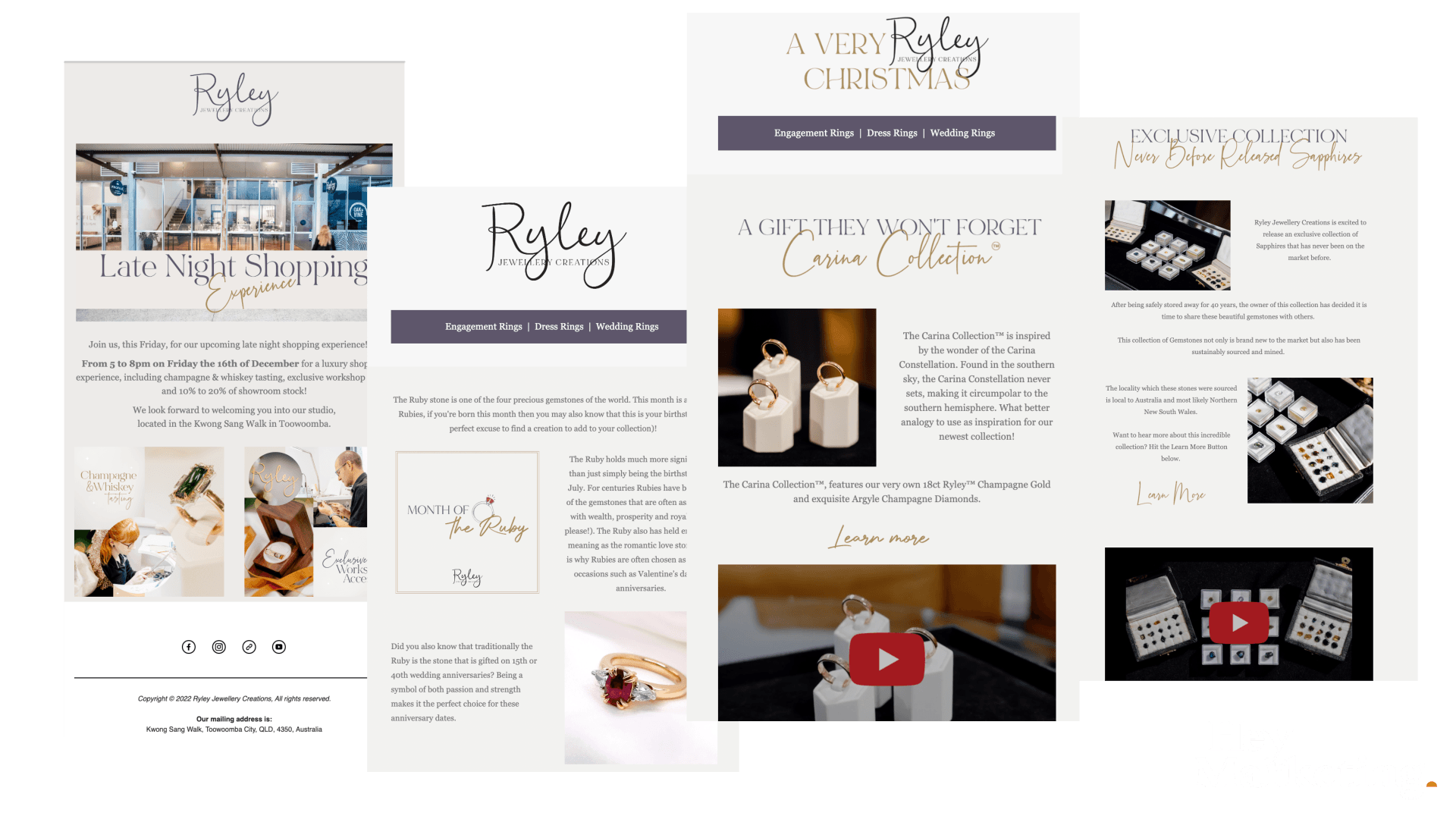 Collage of elegant beige and navy website mockups for a baby-themed brand with photos and product layouts