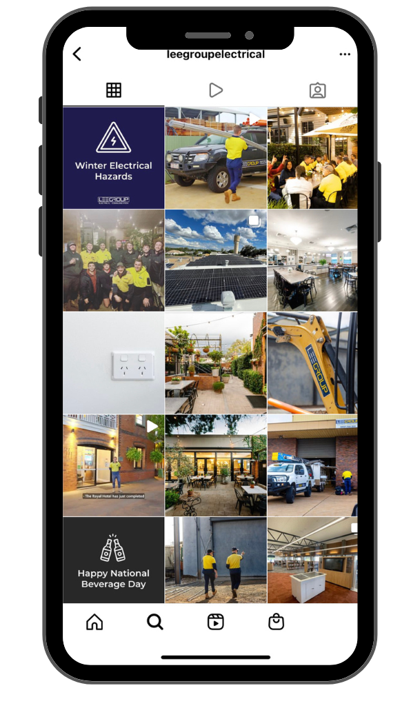 Mobile app screen showing a grid of colorful photo thumbnails with a dark blue side panel.