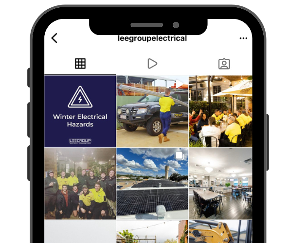 Instagram-style grid for lee groupe electrical showing workplace photos and a winter electrical hazards post
