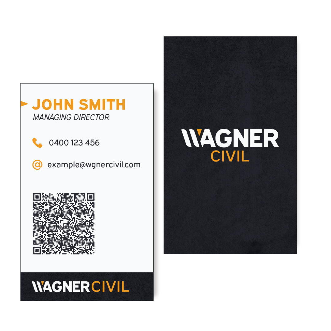 Wagner Civil business card mockup, front and back, with white and black design and QR code.