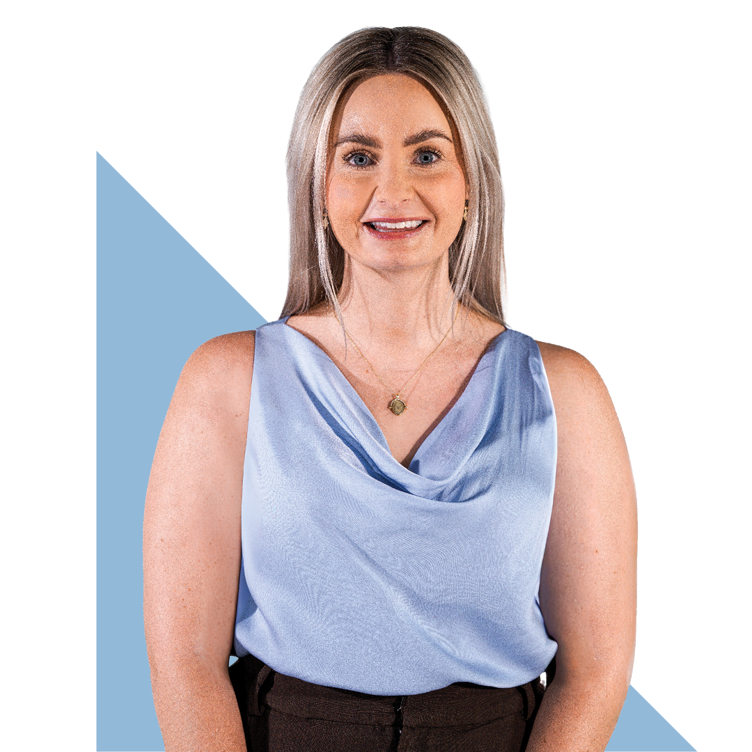 Woman in a light blue blouse smiling against a white background with a blue triangle accent