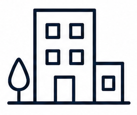 Simple black line icon of a house with a tree and small side building on a white background