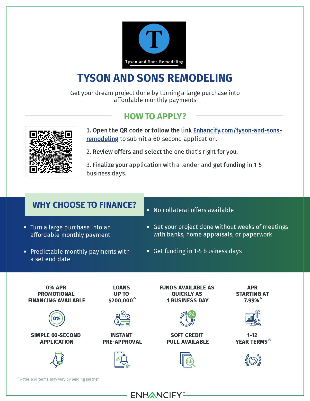 Flyer for Tyson and Sons Remodeling, promoting financing with steps to apply, benefits, and icons representing features.