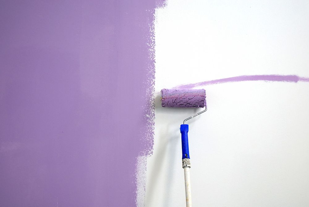 A Purple Paint Roller Is Being Used To Paint A White Wall — Yves De Wilde Quality Painting Services In Lismore, NSW
