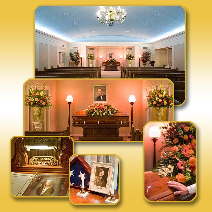 Memorial hall with casket, flowers, and framed photo in a softly lit funeral setting