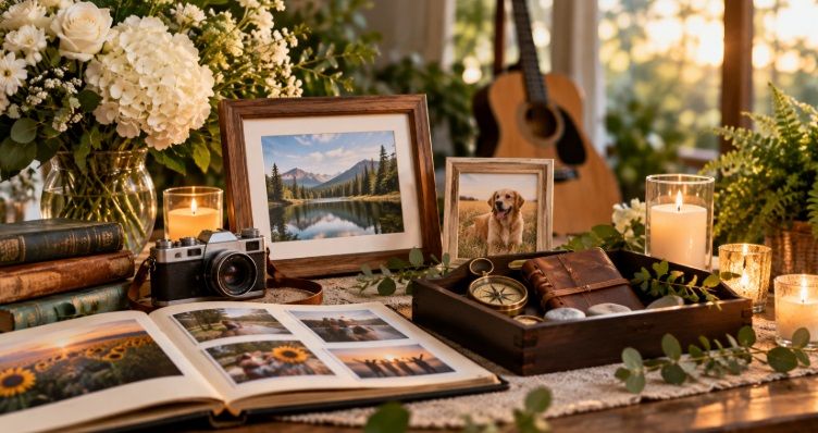 display with flowers, candles, photographs, a guitar, and keepsakes at funeral homes Tulsa, OK