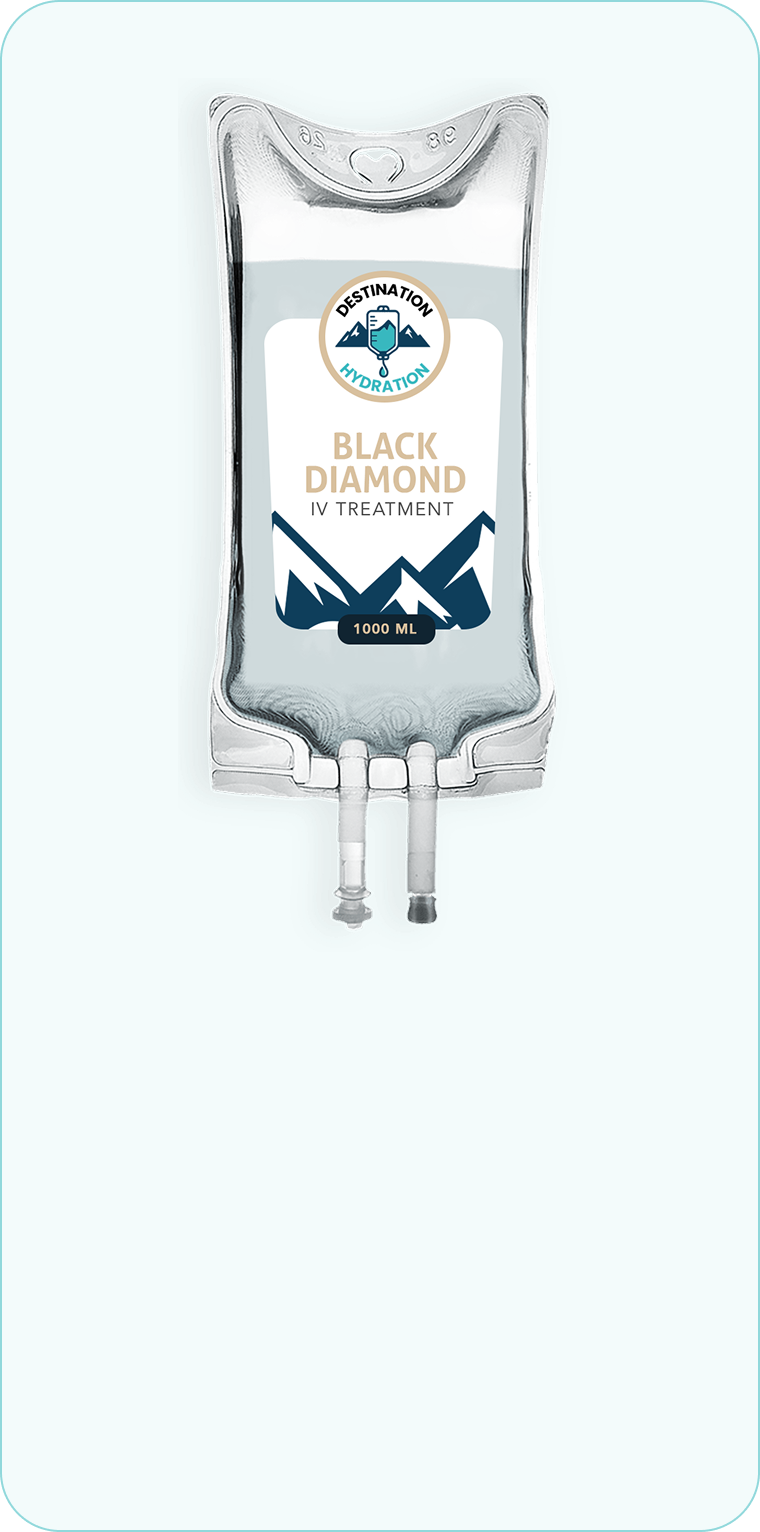 IV drip bag labeled "Black Diamond" with a mountain design.