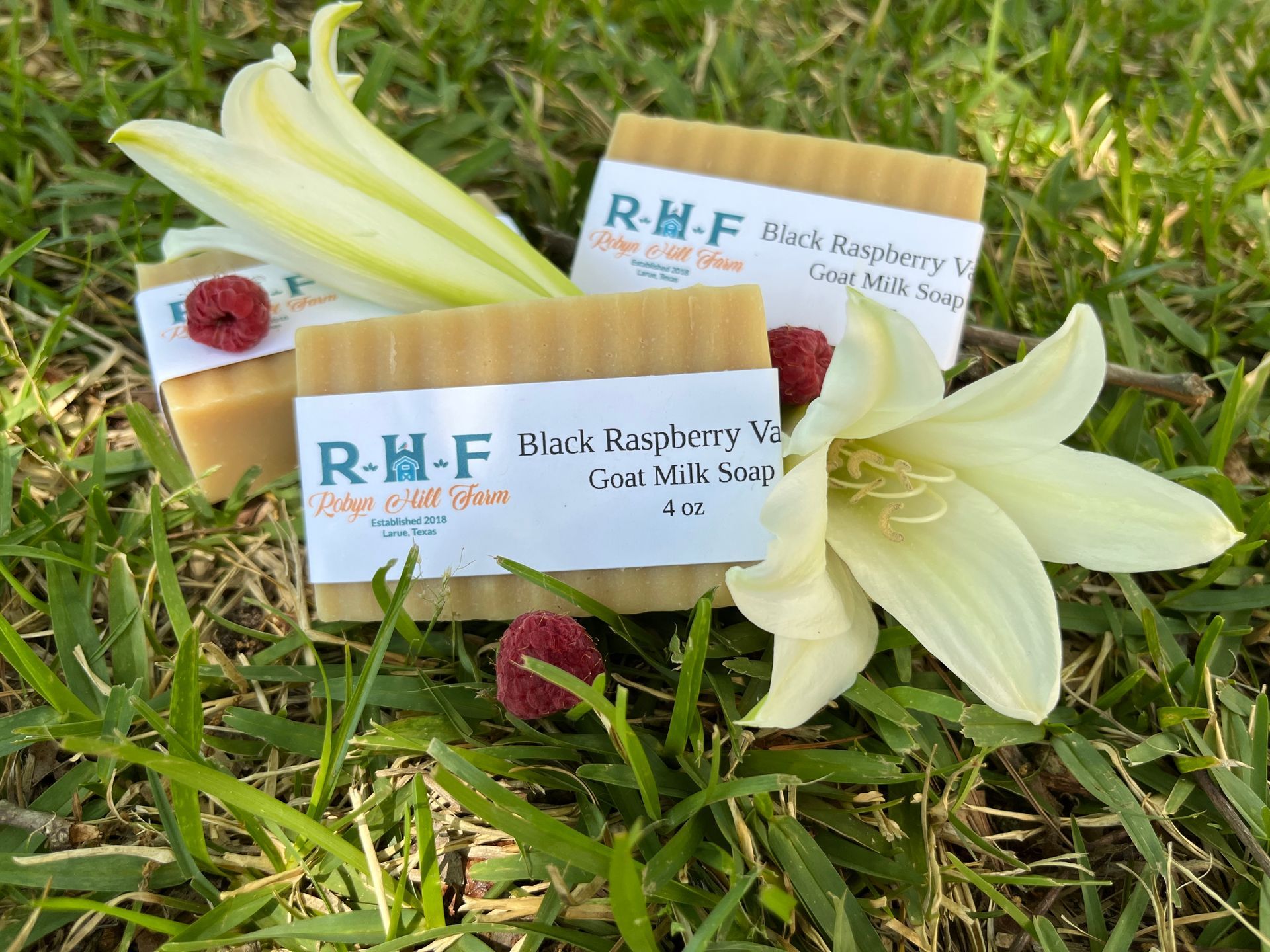 Two bars of soap are sitting in the grass next to a flower.