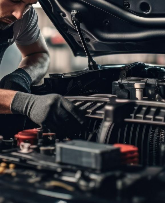 Mechanic inspecting a car engine under an open hood, wearing gloves in a garage | OG Autoworks