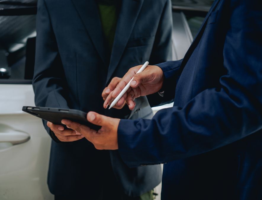 Two people in dark suits using a tablet and stylus beside a car | OG Autoworks
