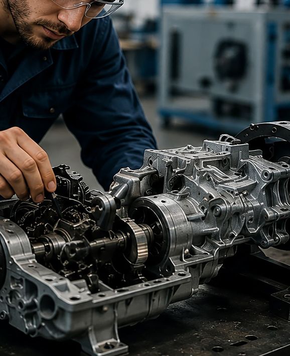 Mechanic working on a car transmission with exposed gears on a workshop bench | OG Autoworks