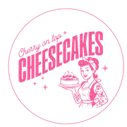 Pink circular logo reading “Cherry on top CHEESECAKES” with a woman holding a cake.
