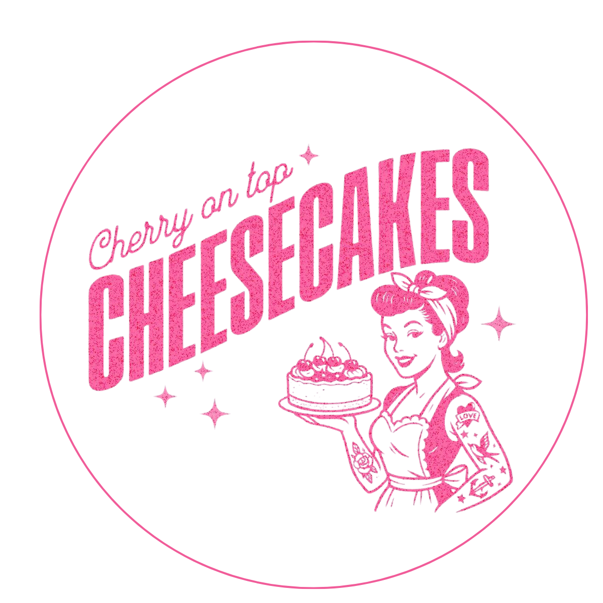 Pink circular logo reading “Cherry on top CHEESECAKES” with a woman holding a cake.