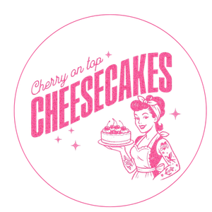 Pink circular logo reading “Cherry on top CHEESECAKES” with a woman holding a cake.