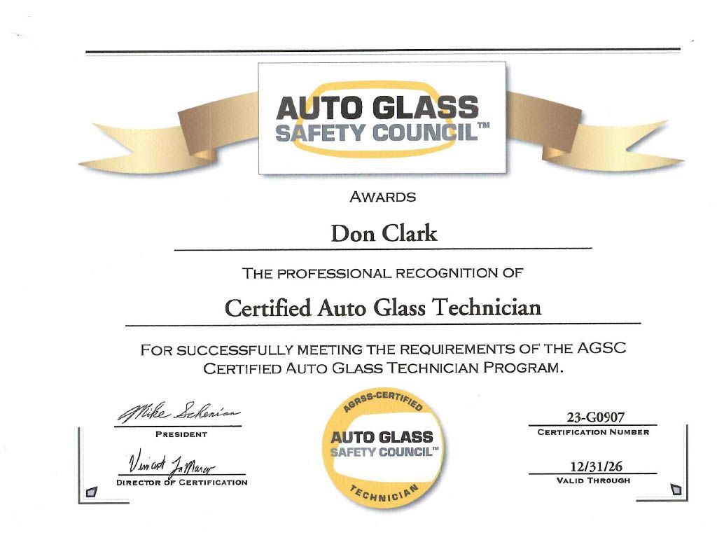 Auto Glass Safety Council certified technician certificate with gold ribbon accents and name plaque