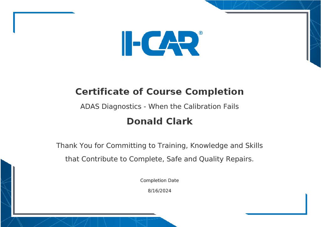 I-CAR Certificate of Course Completion with blue accents and thank-you text on a white background
