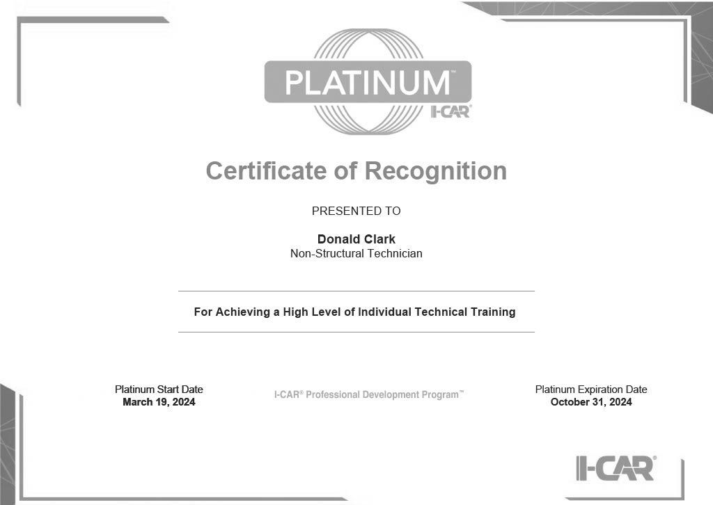 Platinum award certificate of recognition with black text and border, from I-CARE.