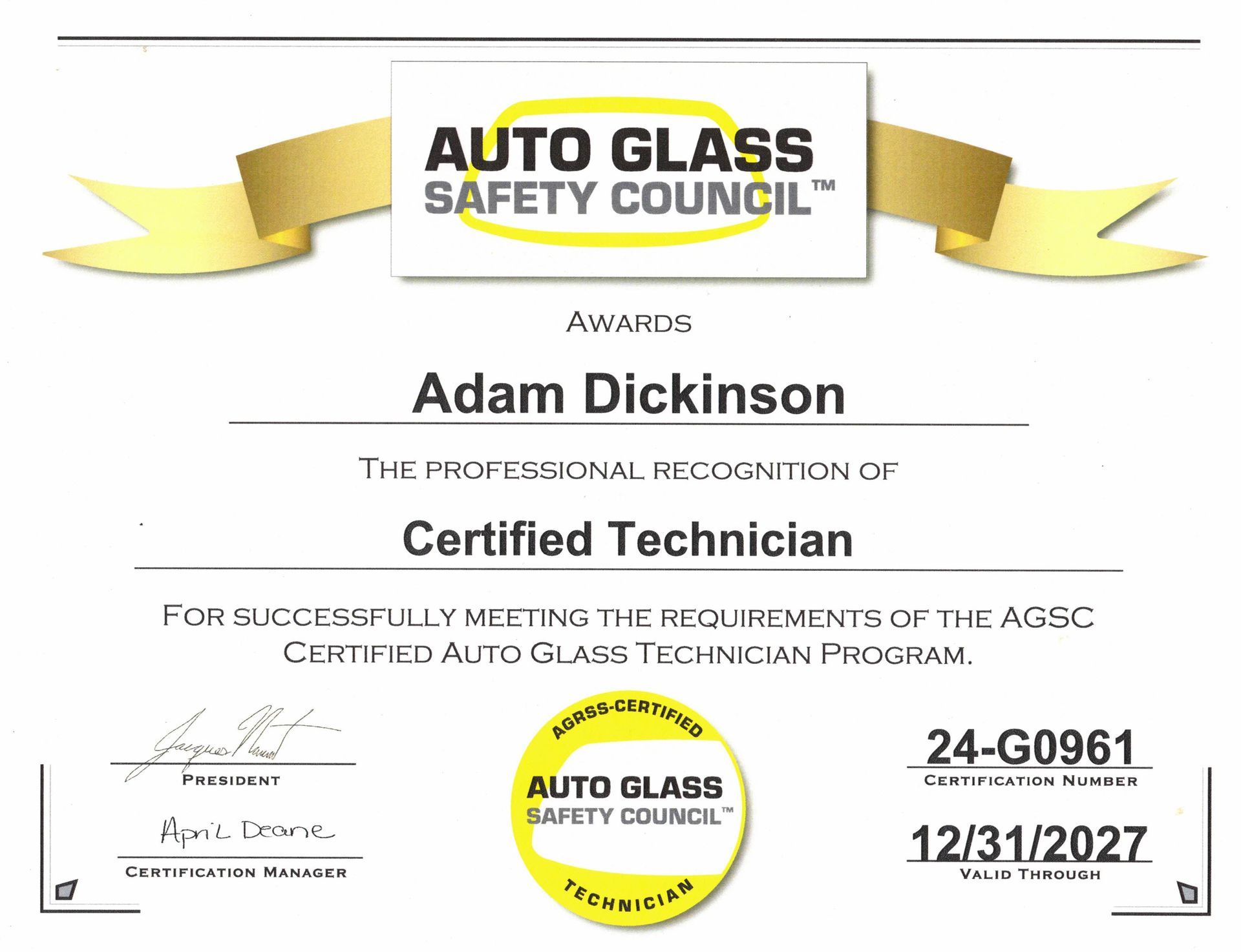 Auto Glass Safety Council certified technician certificate for Adam Dickinson, valid through 12/31/2027