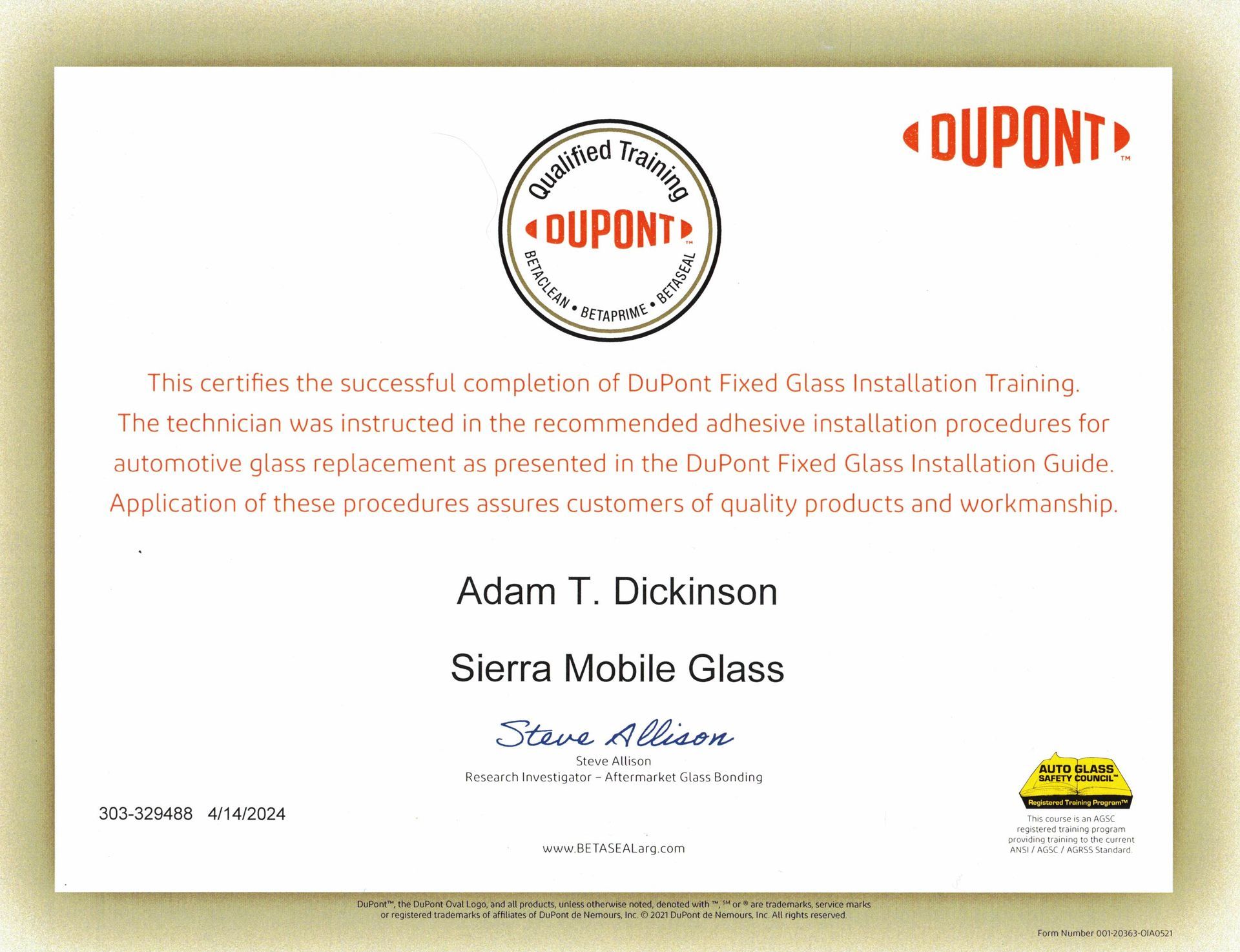 DuPont award certificate with red logo, awarded to Adam T. Dickson of Sierra Mobile Glass