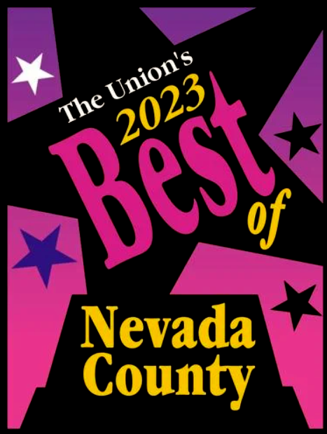 2023 Best of Nevada County auto glass shop “The Union’s 2023 Best of Nevada County” award graphic in pink, yellow, black, and purple