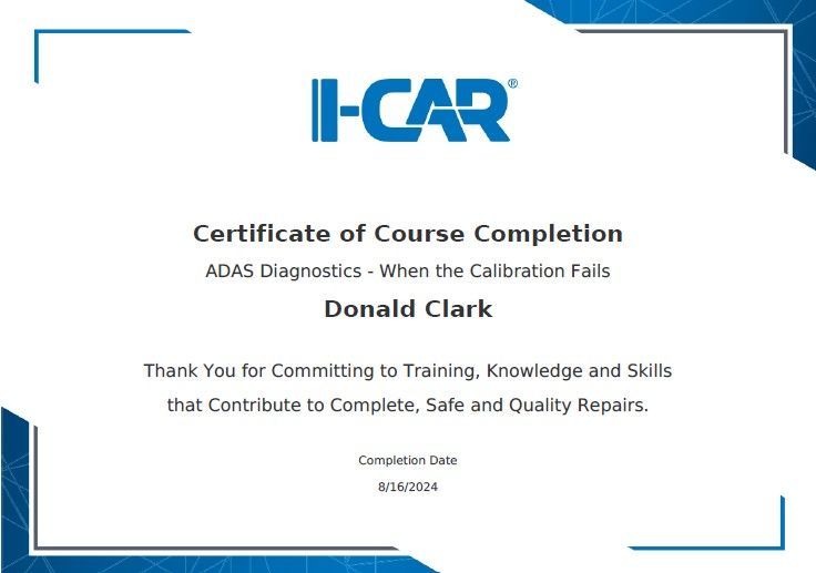 ICAR certificate of course completion for Donald Clark with blue accents and black text