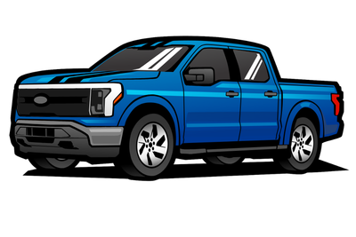Blue pickup truck in side view with black trim and silver wheels on a white background