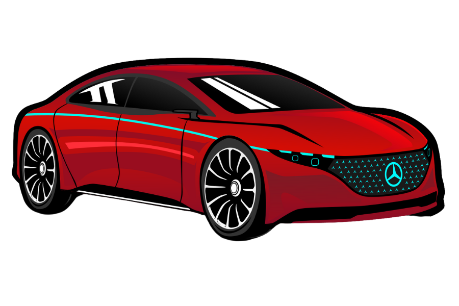 Red futuristic sports car with black roof and silver accents, shown in profile on a white background