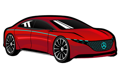 Red sports car with a sleek black roof and teal Mercedes-style emblem on a white background