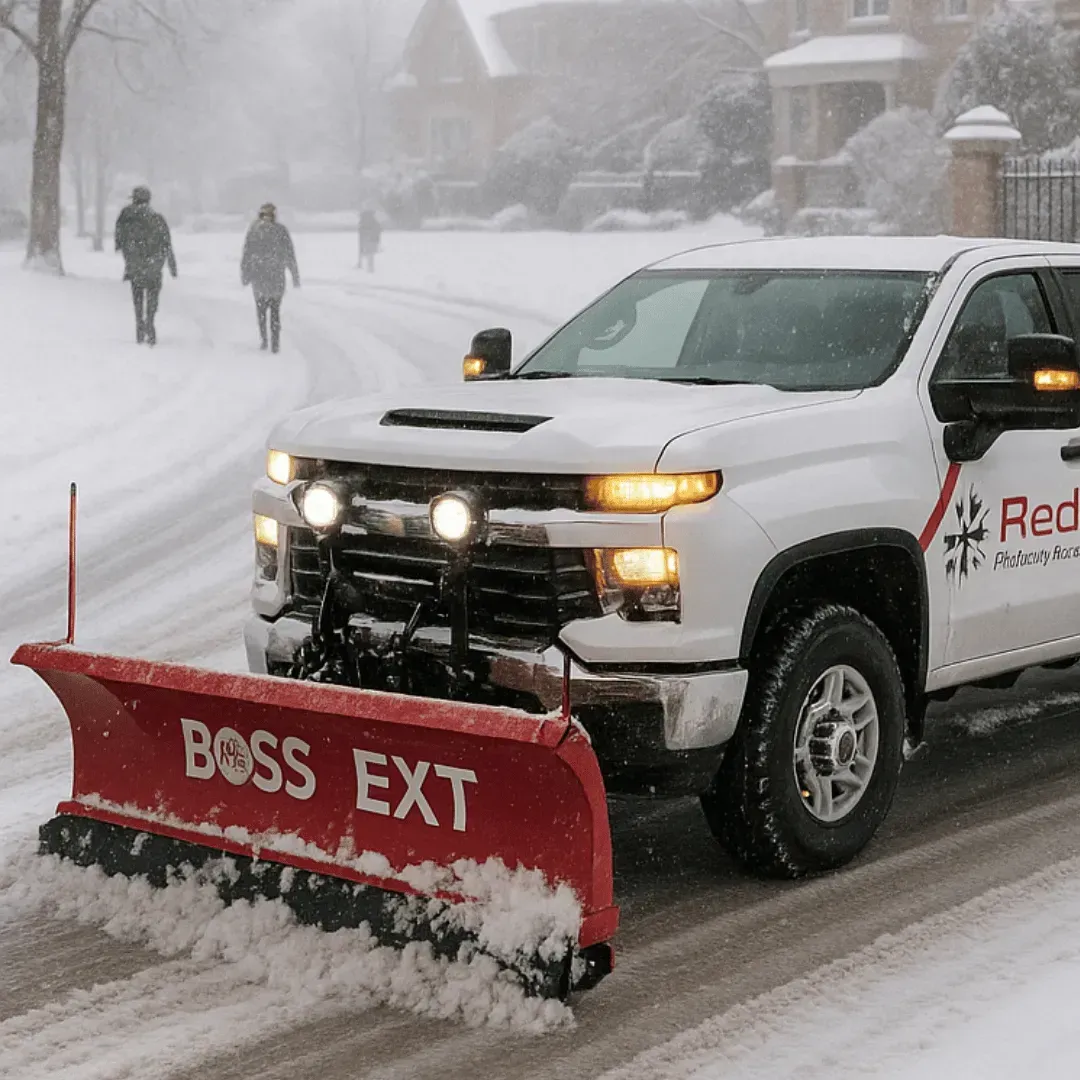 A man is holding a shovel in front of a snow plow.